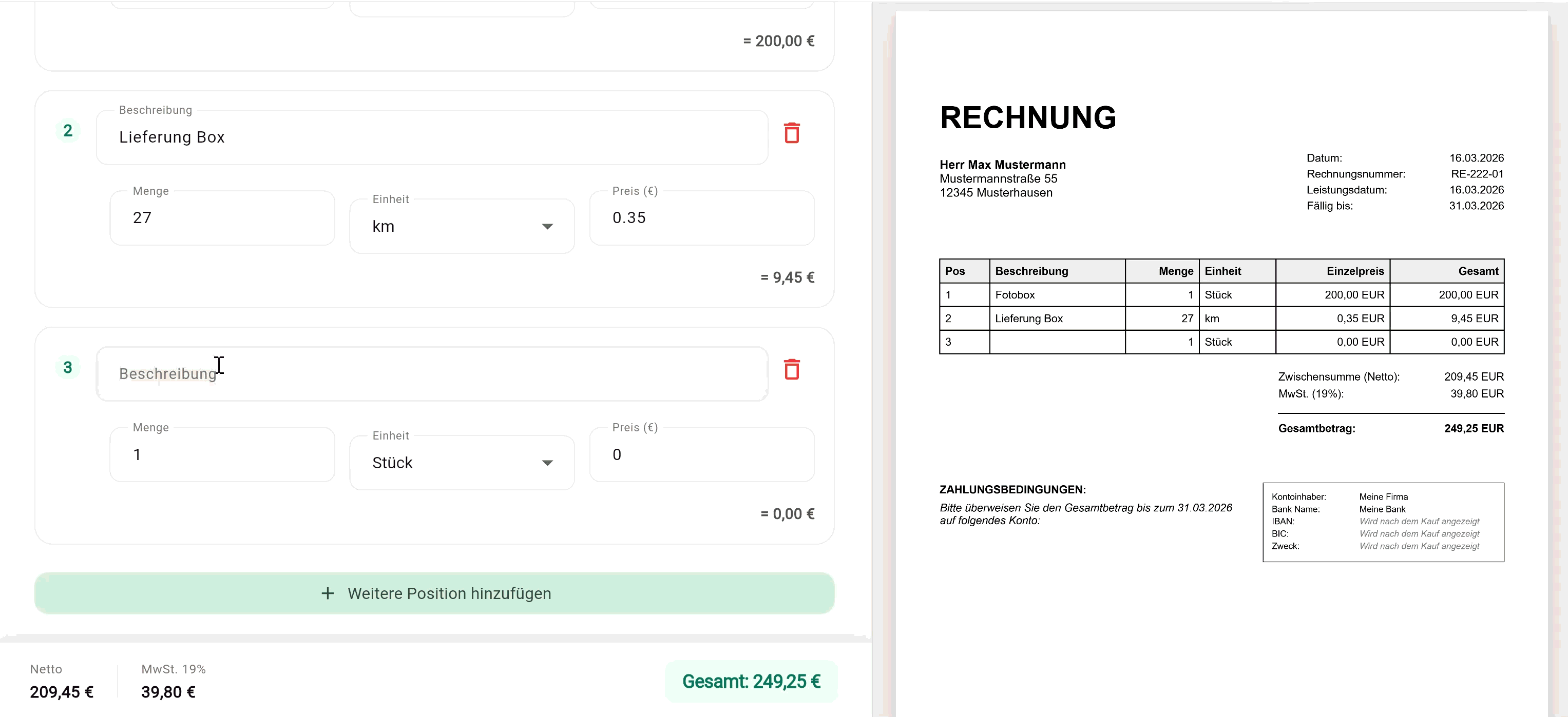 Live-Vorschau des Rechnung-Express Editors mit Rechnungsformular und PDF-Vorschau